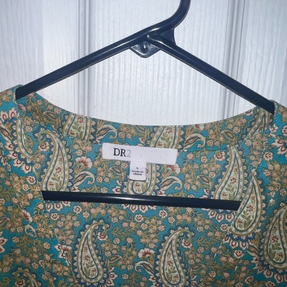 DR2 Women's Large Green Paisley Print Ruffle Cap Sleeve Blouse Modest Boho Motif - Picture 2 of 7